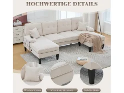 Sofá*Merax Sofá de canto moderno em formato de U com 4 lugares e 2 chaises longues - 250 x 130 x 88 cm - com estofamento e encosto - linho - Bege