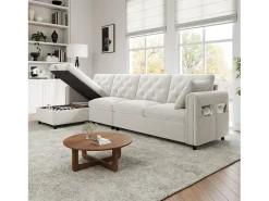 Sofá*ModernLuxe Sofá de canto moderno em L - Com espaço de armazenamento - Ajustável para esquerda e direita - Com bolsos laterais de armazenamento - Veludo - ​​​ Bege