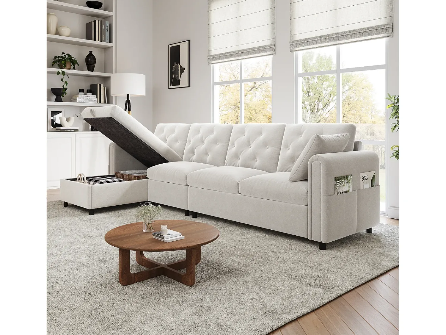 Sofá*ModernLuxe Sofá de canto moderno em L - Com espaço de armazenamento - Ajustável para esquerda e direita - Com bolsos laterais de armazenamento - Veludo - Bege