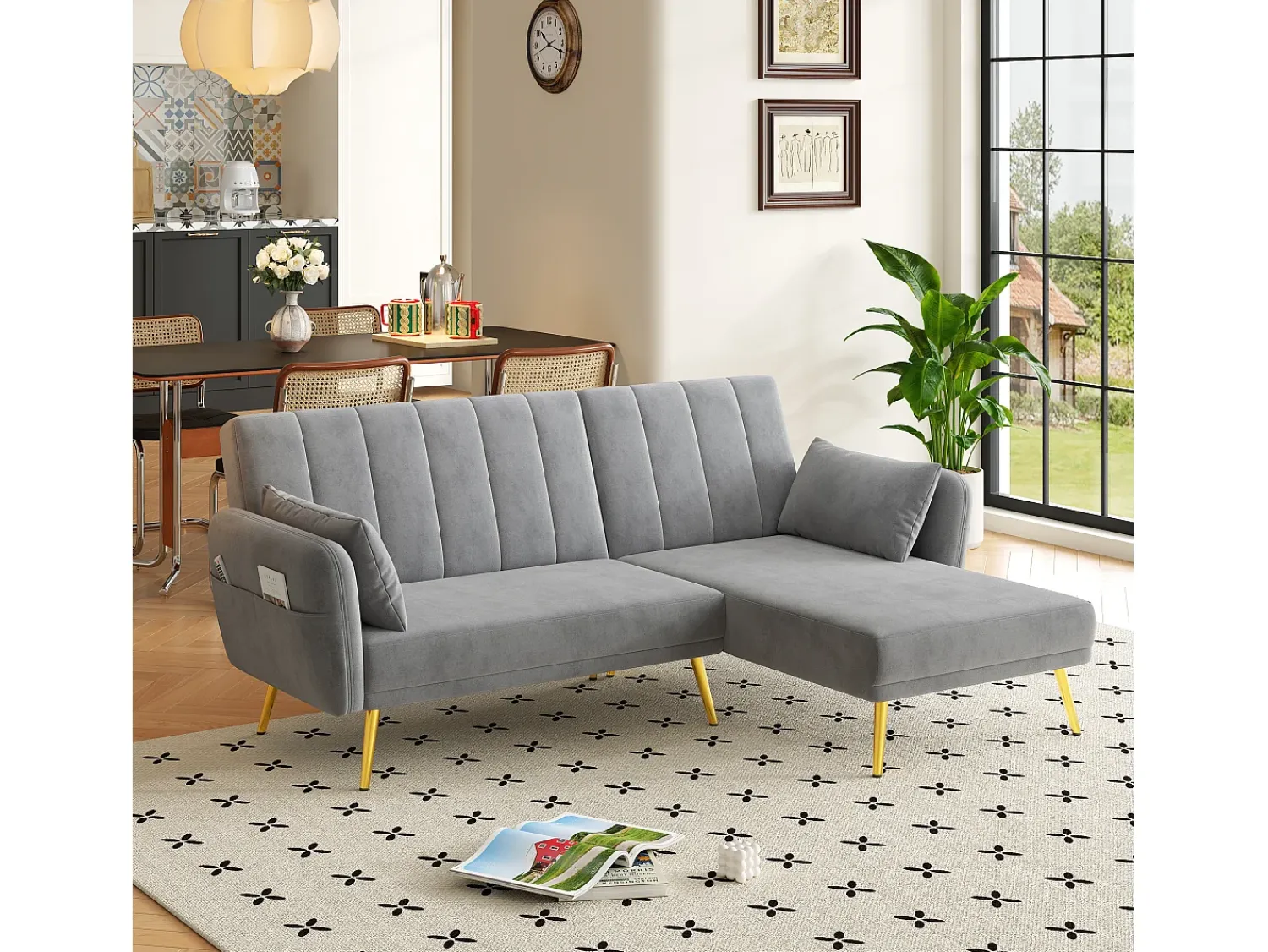 Sofá*ModernLuxe Sofá de canto moderno em L - 3 lugares - encosto dobrável - Veludo - Cinza Cinzento
