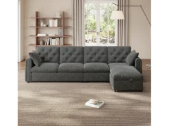 Sofá*ModernLuxe Sofá de canto moderno em L - Com espaço de armazenamento - Ajustável para esquerda e direita - Com bolsos laterais de armazenamento - Veludo - Cinza Cinzento