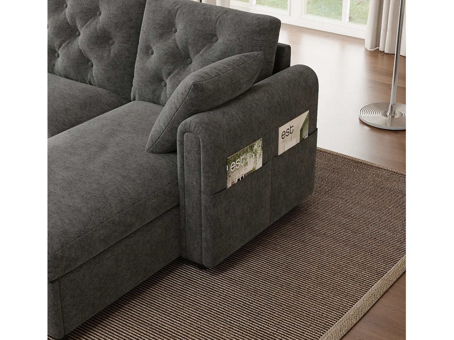 Sofá*ModernLuxe Sofá de canto moderno em L - Com espaço de armazenamento - Ajustável para esquerda e direita - Com bolsos laterais de armazenamento - Veludo - Cinza Cinzento