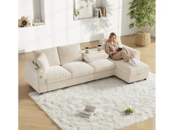 ModernLuxe Sofá de canto moderno em L - com 2 porta-copos - 1 porta USB e 1 porta Tipo-C - com 2 braços com armazenamento - Tecido de pelúcia -^ Sofá