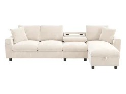 ModernLuxe Sofá de canto moderno em L - com 2 porta-copos - 1 porta USB e 1 porta Tipo-C - com 2 braços com armazenamento - Tecido de pelúcia -^ Sofá