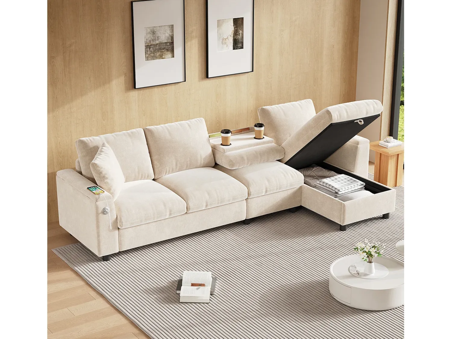 ModernLuxe Sofá de canto moderno em L - com 2 porta-copos - 1 porta USB e 1 porta Tipo-C - com 2 braços com armazenamento - Tecido de pelúcia -^ Sofá