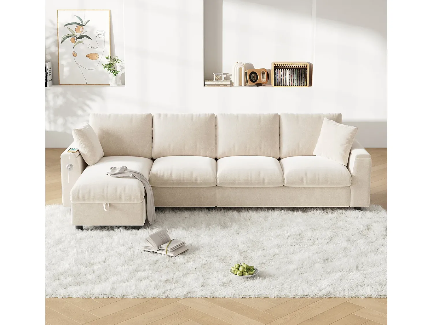 ModernLuxe Sofá de canto moderno em L - com 2 porta-copos - 1 porta USB e 1 porta Tipo-C - com 2 braços com armazenamento - Tecido de pelúcia -^ Sofá