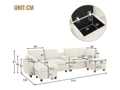 Outlet ModernLuxe Sofá de canto moderno em U - com USB e Type-C - com 2 pés de apoio com armazenamento - com 2 porta-copos - veludo canelado - Bege