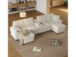 Outlet ModernLuxe Sofá de canto moderno em U - com USB e Type-C - com 2 pés de apoio com armazenamento - com 2 porta-copos - veludo canelado - Bege