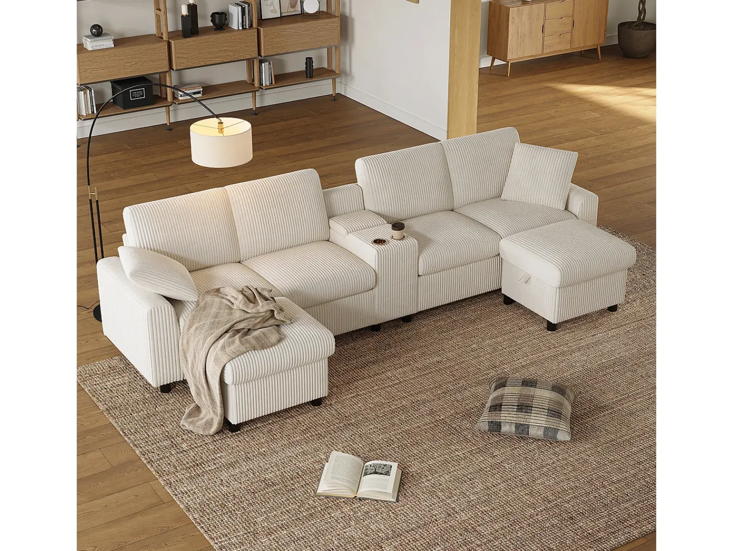 Outlet ModernLuxe Sofá de canto moderno em U - com USB e Type-C - com 2 pés de apoio com armazenamento - com 2 porta-copos - veludo canelado - Bege
