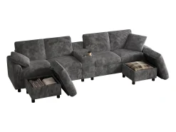 Outlet ModernLuxe Sofá de canto moderno em U - com USB e Type-C - com 2 pés de apoio com armazenamento - com 2 porta-copos - veludo canelado - Cinza Cinzento