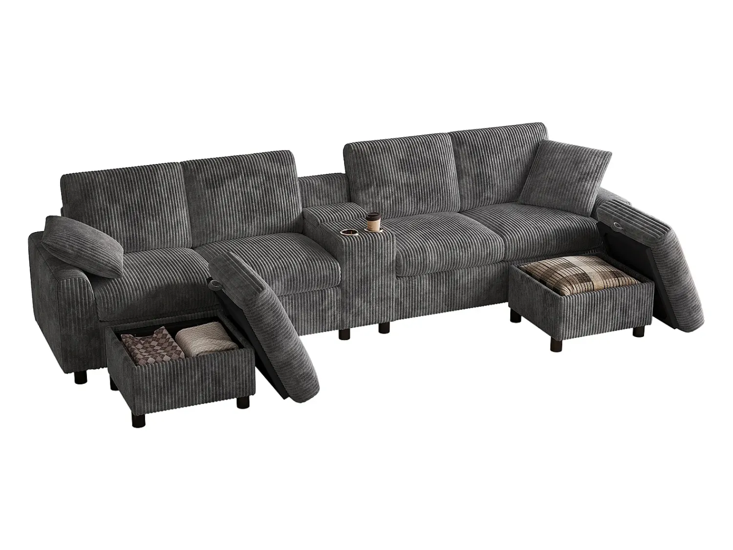 Outlet ModernLuxe Sofá de canto moderno em U - com USB e Type-C - com 2 pés de apoio com armazenamento - com 2 porta-copos - veludo canelado - Cinza Cinzento