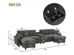 Outlet ModernLuxe Sofá de canto moderno em U - com USB e Type-C - com 2 pés de apoio com armazenamento - com 2 porta-copos - veludo canelado - Cinza Cinzento