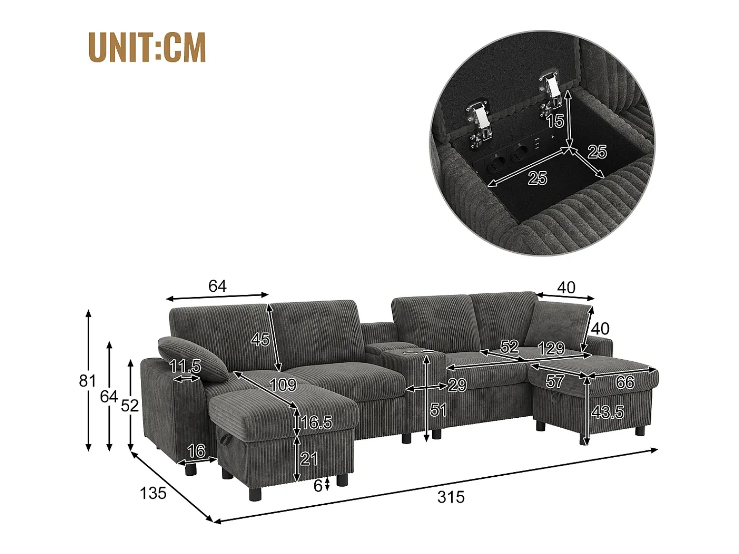 Outlet ModernLuxe Sofá de canto moderno em U - com USB e Type-C - com 2 pés de apoio com armazenamento - com 2 porta-copos - veludo canelado - Cinza Cinzento