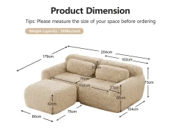 Clearance DripeX Sofá de Canto Modular 2 lugares em tecido peluche, com puff e 2 almofadas, 204x179x73cm, Caqui