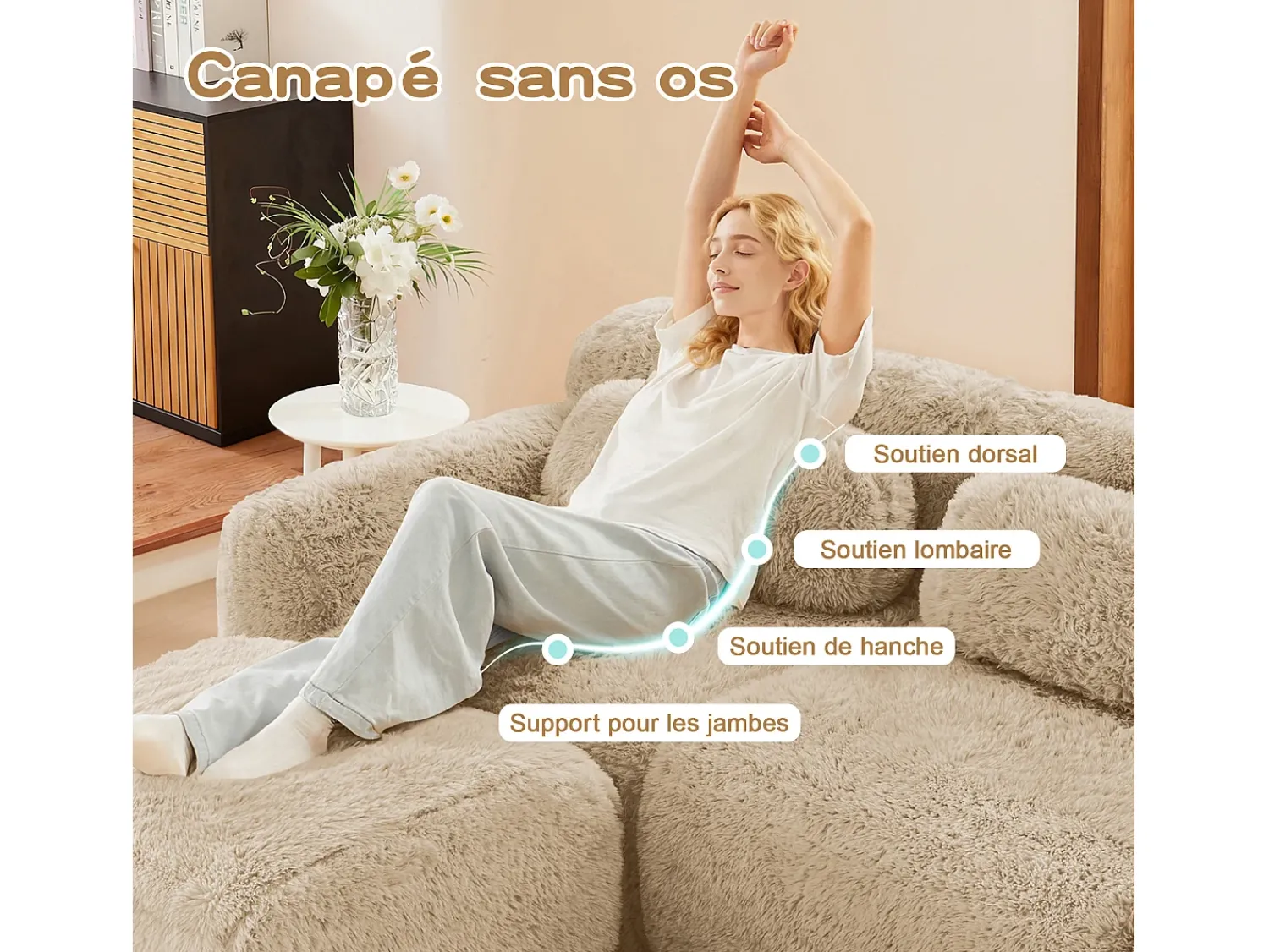 Clearance DripeX Sofá de Canto Modular 2 lugares em tecido peluche, com puff e 2 almofadas, 204x179x73cm, Caqui