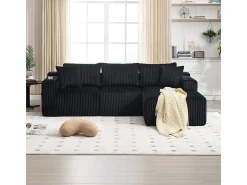 Sofá|DripeX Sofá de Canto Modular 3 Lugares, de Veludo Cotelê, com Porta-copos, Almofadas e Bolsos Laterais, Chaise Longue 118cm, Preto