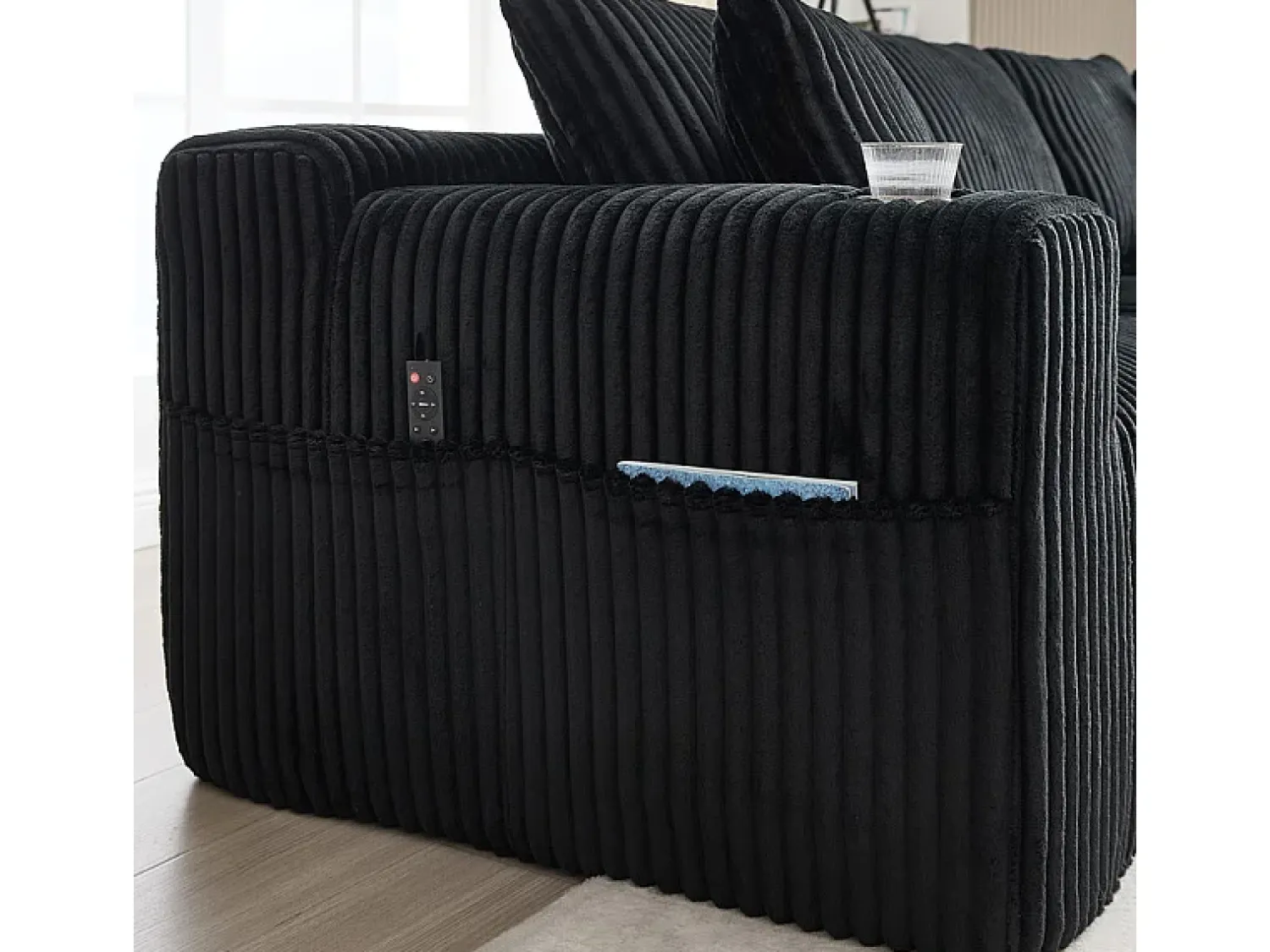 Sofá|DripeX Sofá de Canto Modular 3 Lugares, de Veludo Cotelê, com Porta-copos, Almofadas e Bolsos Laterais, Chaise Longue 118cm, Preto
