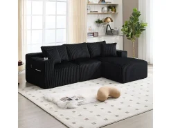 Sofá|DripeX Sofá de Canto Modular 3 Lugares, de Veludo Cotelê, com Porta-copos, Almofadas e Bolsos Laterais, Chaise Longue 118cm, Preto