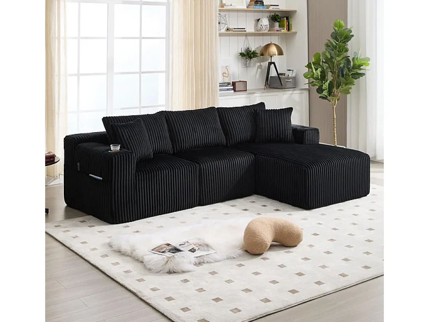 Sofá|DripeX Sofá de Canto Modular 3 Lugares, de Veludo Cotelê, com Porta-copos, Almofadas e Bolsos Laterais, Chaise Longue 118cm, Preto