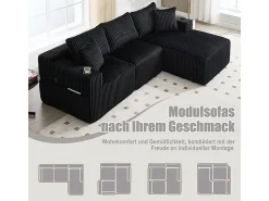 Sofá|DripeX Sofá de Canto Modular 3 Lugares, de Veludo Cotelê, com Porta-copos, Almofadas e Bolsos Laterais, Chaise Longue 118cm, Preto