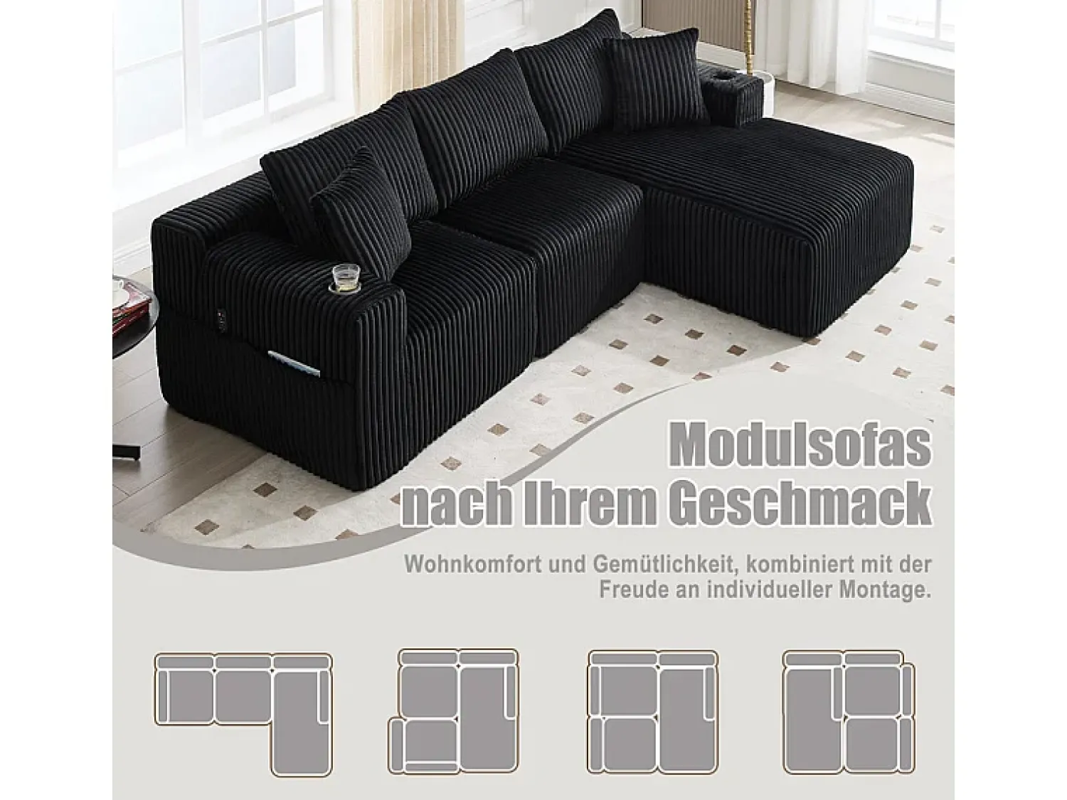 Sofá|DripeX Sofá de Canto Modular 3 Lugares, de Veludo Cotelê, com Porta-copos, Almofadas e Bolsos Laterais, Chaise Longue 118cm, Preto