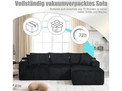 Sofá|DripeX Sofá de Canto Modular 3 Lugares, de Veludo Cotelê, com Porta-copos, Almofadas e Bolsos Laterais, Chaise Longue 118cm, Preto