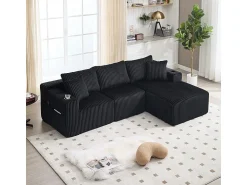 Sofá|DripeX Sofá de Canto Modular 3 Lugares, de Veludo Cotelê, com Porta-copos, Almofadas e Bolsos Laterais, Chaise Longue 118cm, Preto