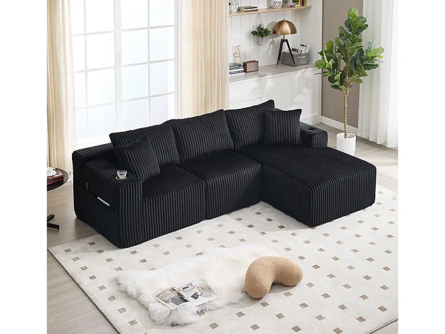 Sofá|DripeX Sofá de Canto Modular 3 Lugares, de Veludo Cotelê, com Porta-copos, Almofadas e Bolsos Laterais, Chaise Longue 118cm, Preto