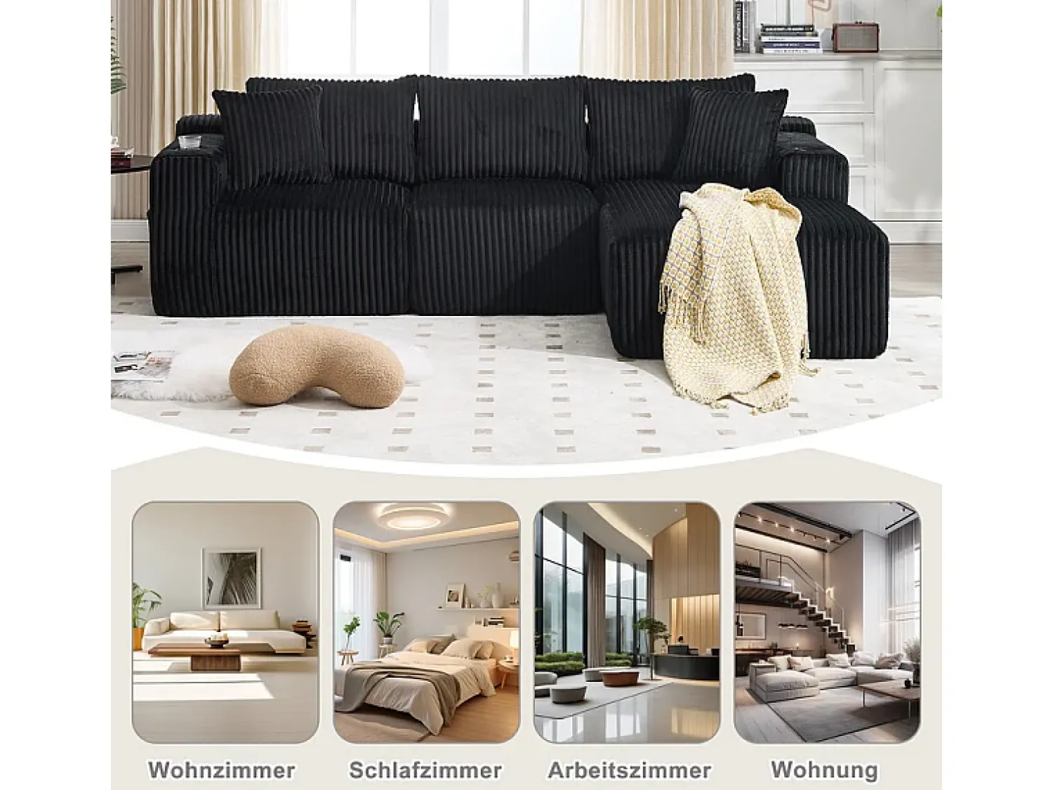 Sofá|DripeX Sofá de Canto Modular 3 Lugares, de Veludo Cotelê, com Porta-copos, Almofadas e Bolsos Laterais, Chaise Longue 118cm, Preto