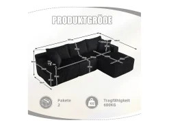Sofá|DripeX Sofá de Canto Modular 3 Lugares, de Veludo Cotelê, com Porta-copos, Almofadas e Bolsos Laterais, Chaise Longue 118cm, Preto