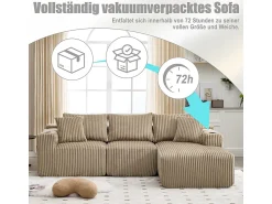 Best DripeX Sofá de Canto Modular 3 Lugares, de Veludo Cotelê, com Porta-copos, Almofadas e Bolsos Laterais, Chaise Longue 118cm, Caqui