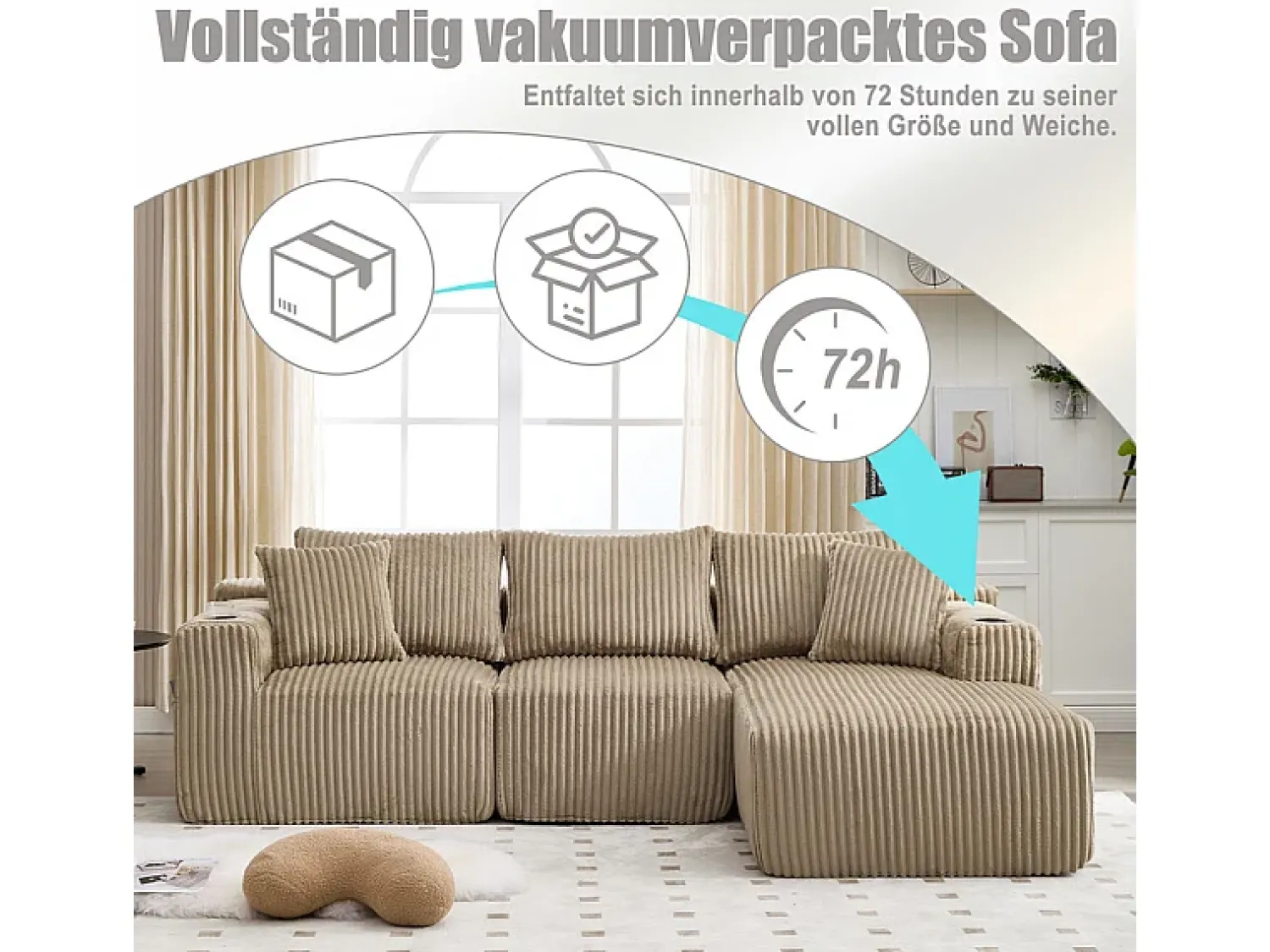 Best DripeX Sofá de Canto Modular 3 Lugares, de Veludo Cotelê, com Porta-copos, Almofadas e Bolsos Laterais, Chaise Longue 118cm, Caqui