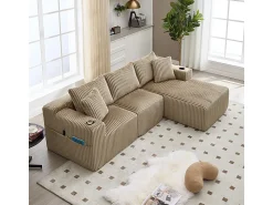 Best DripeX Sofá de Canto Modular 3 Lugares, de Veludo Cotelê, com Porta-copos, Almofadas e Bolsos Laterais, Chaise Longue 118cm, Caqui