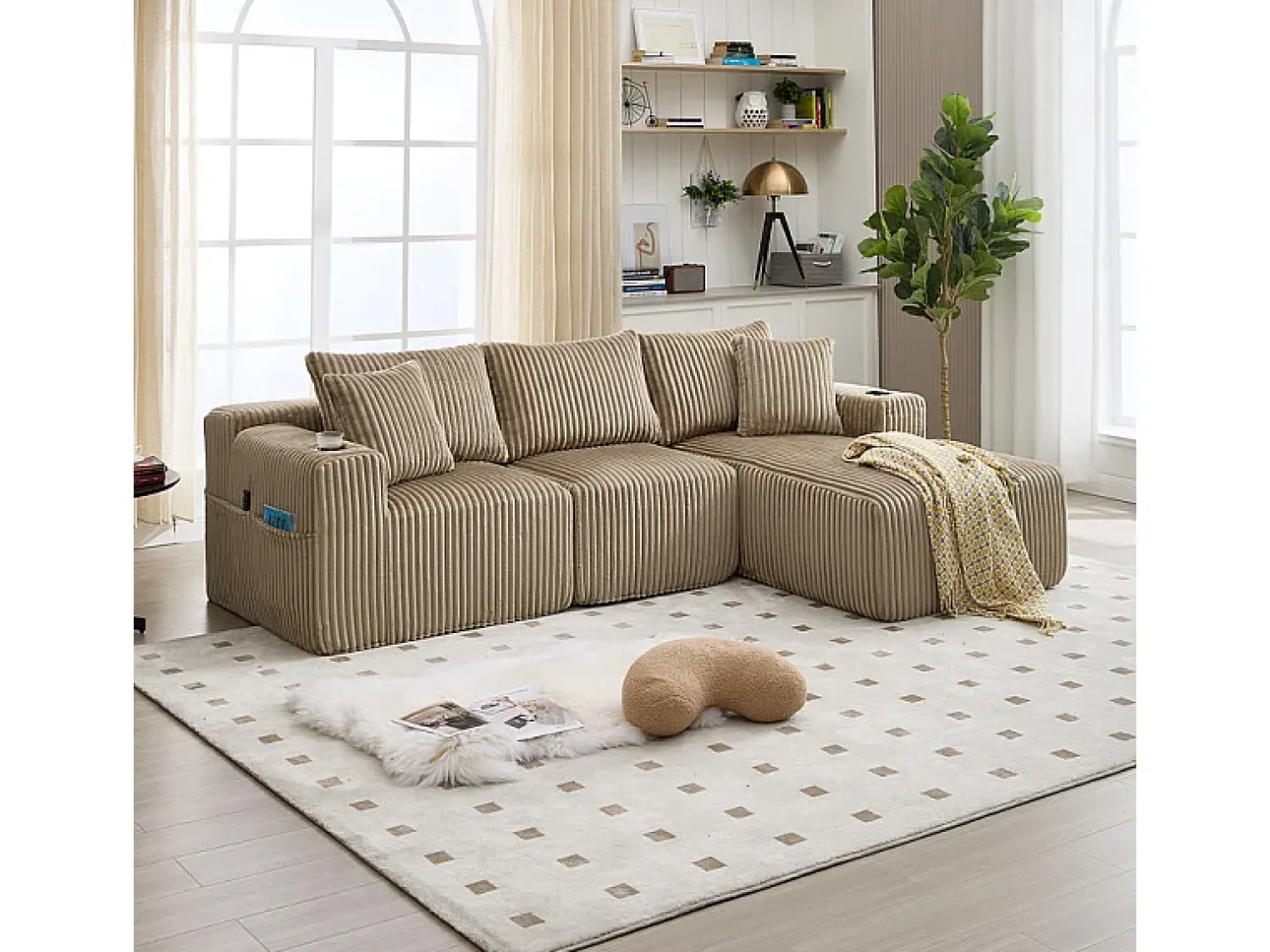 Best DripeX Sofá de Canto Modular 3 Lugares, de Veludo Cotelê, com Porta-copos, Almofadas e Bolsos Laterais, Chaise Longue 118cm, Caqui