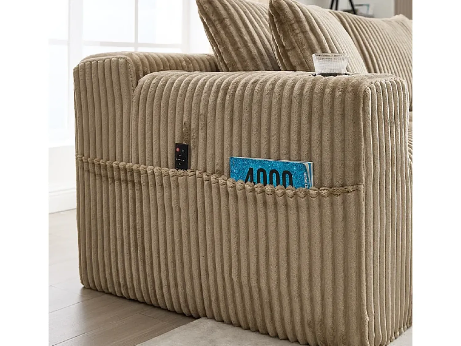 Best DripeX Sofá de Canto Modular 3 Lugares, de Veludo Cotelê, com Porta-copos, Almofadas e Bolsos Laterais, Chaise Longue 118cm, Caqui