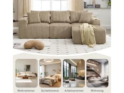 Best DripeX Sofá de Canto Modular 3 Lugares, de Veludo Cotelê, com Porta-copos, Almofadas e Bolsos Laterais, Chaise Longue 118cm, Caqui