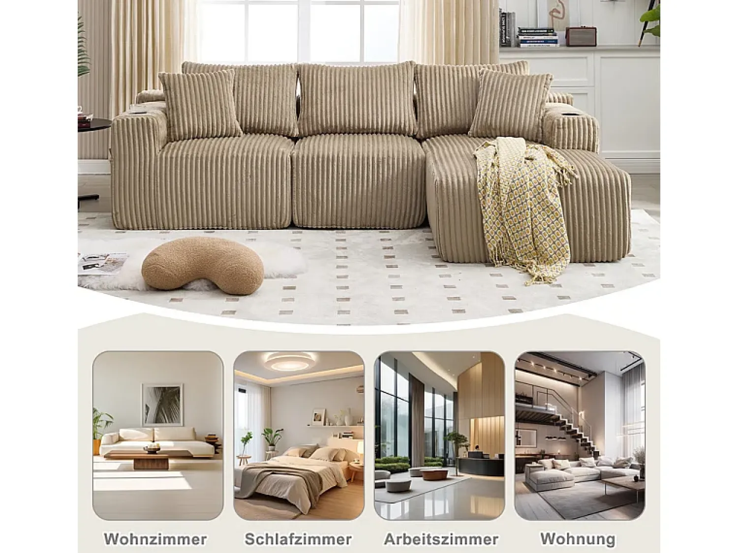 Best DripeX Sofá de Canto Modular 3 Lugares, de Veludo Cotelê, com Porta-copos, Almofadas e Bolsos Laterais, Chaise Longue 118cm, Caqui