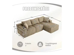 Best DripeX Sofá de Canto Modular 3 Lugares, de Veludo Cotelê, com Porta-copos, Almofadas e Bolsos Laterais, Chaise Longue 118cm, Caqui