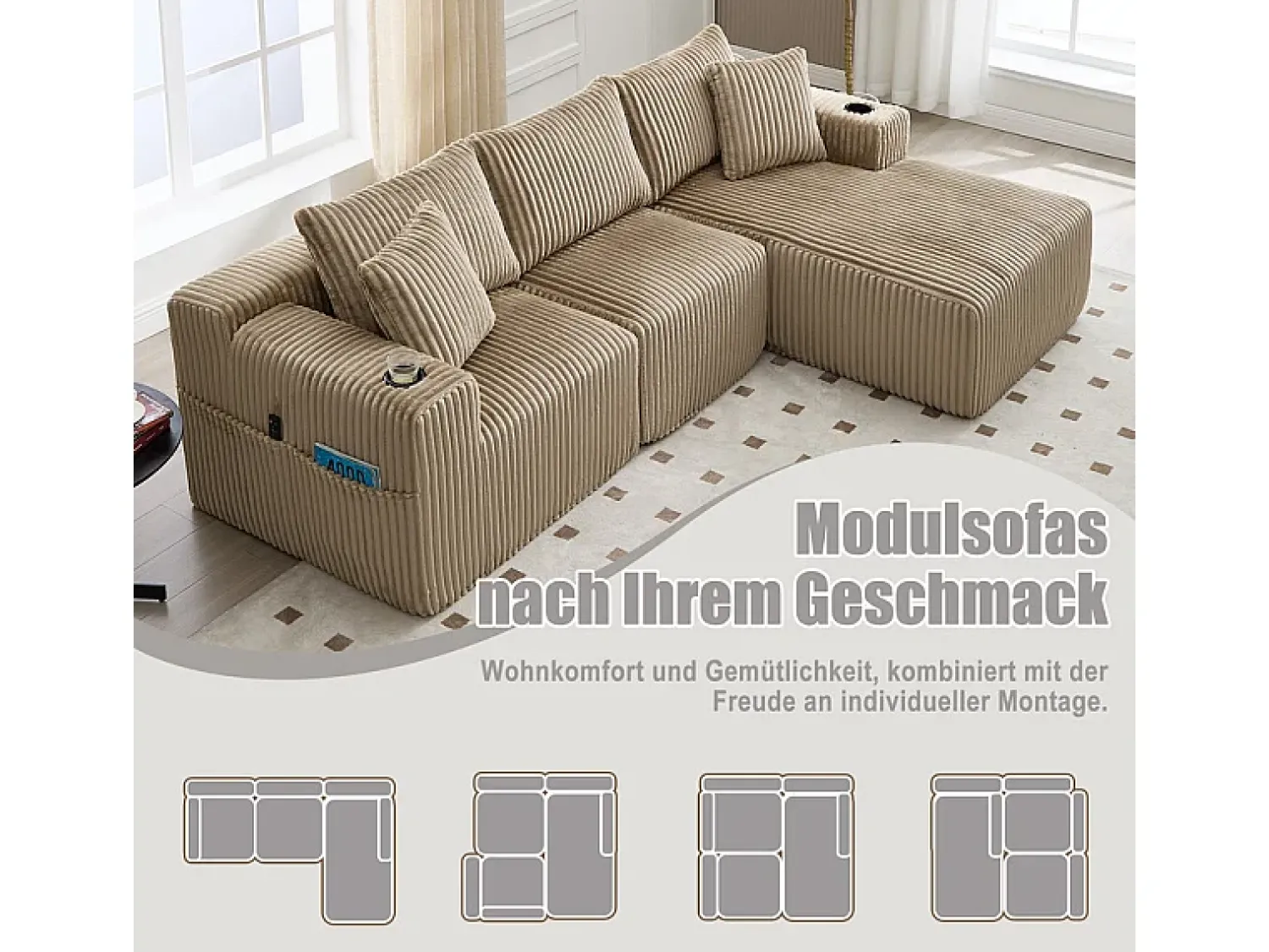 Best DripeX Sofá de Canto Modular 3 Lugares, de Veludo Cotelê, com Porta-copos, Almofadas e Bolsos Laterais, Chaise Longue 118cm, Caqui