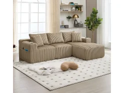 Best DripeX Sofá de Canto Modular 3 Lugares, de Veludo Cotelê, com Porta-copos, Almofadas e Bolsos Laterais, Chaise Longue 118cm, Caqui