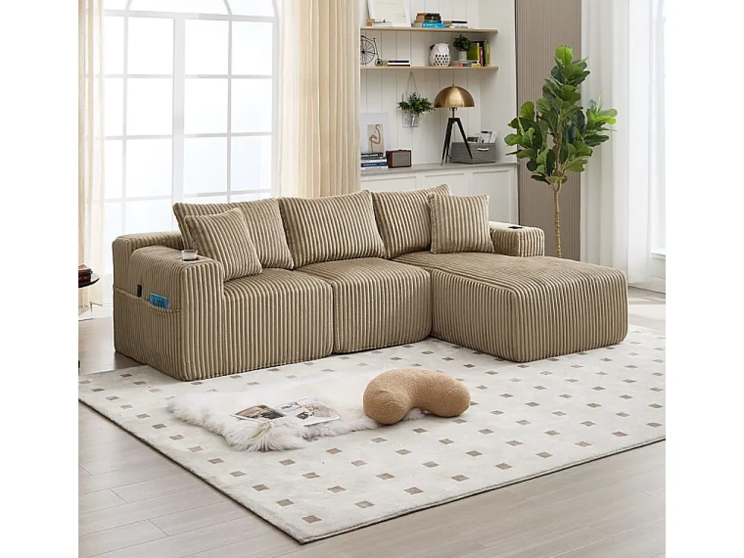Best DripeX Sofá de Canto Modular 3 Lugares, de Veludo Cotelê, com Porta-copos, Almofadas e Bolsos Laterais, Chaise Longue 118cm, Caqui