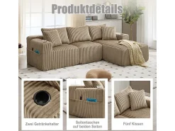 Best DripeX Sofá de Canto Modular 3 Lugares, de Veludo Cotelê, com Porta-copos, Almofadas e Bolsos Laterais, Chaise Longue 118cm, Caqui
