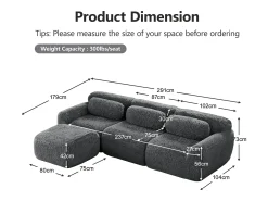 Sofá|DripeX Sofá de Canto Modular 3 lugares em tecido peluche, com puff e 3 almofadas, 291x179x73cm, Cinza Cinzento