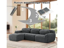 Sofá|DripeX Sofá de Canto Modular 3 lugares em tecido peluche, com puff e 3 almofadas, 291x179x73cm, Cinza Cinzento