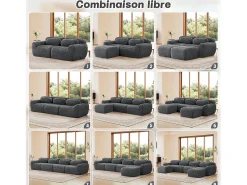 Sofá|DripeX Sofá de Canto Modular 3 lugares em tecido peluche, com puff e 3 almofadas, 291x179x73cm, Cinza Cinzento