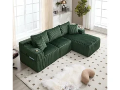 Sofá|DripeX Sofá de Canto Modular 3 Lugares, de Veludo Cotelê, com Porta-copos, Almofadas e Bolsos Laterais, Chaise Longue 118cm, Verde