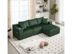 Sofá|DripeX Sofá de Canto Modular 3 Lugares, de Veludo Cotelê, com Porta-copos, Almofadas e Bolsos Laterais, Chaise Longue 118cm, Verde
