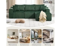 Sofá|DripeX Sofá de Canto Modular 3 Lugares, de Veludo Cotelê, com Porta-copos, Almofadas e Bolsos Laterais, Chaise Longue 118cm, Verde