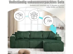 Sofá|DripeX Sofá de Canto Modular 3 Lugares, de Veludo Cotelê, com Porta-copos, Almofadas e Bolsos Laterais, Chaise Longue 118cm, Verde