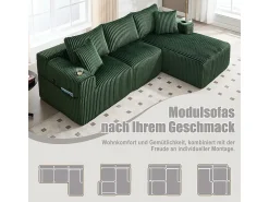 Sofá|DripeX Sofá de Canto Modular 3 Lugares, de Veludo Cotelê, com Porta-copos, Almofadas e Bolsos Laterais, Chaise Longue 118cm, Verde